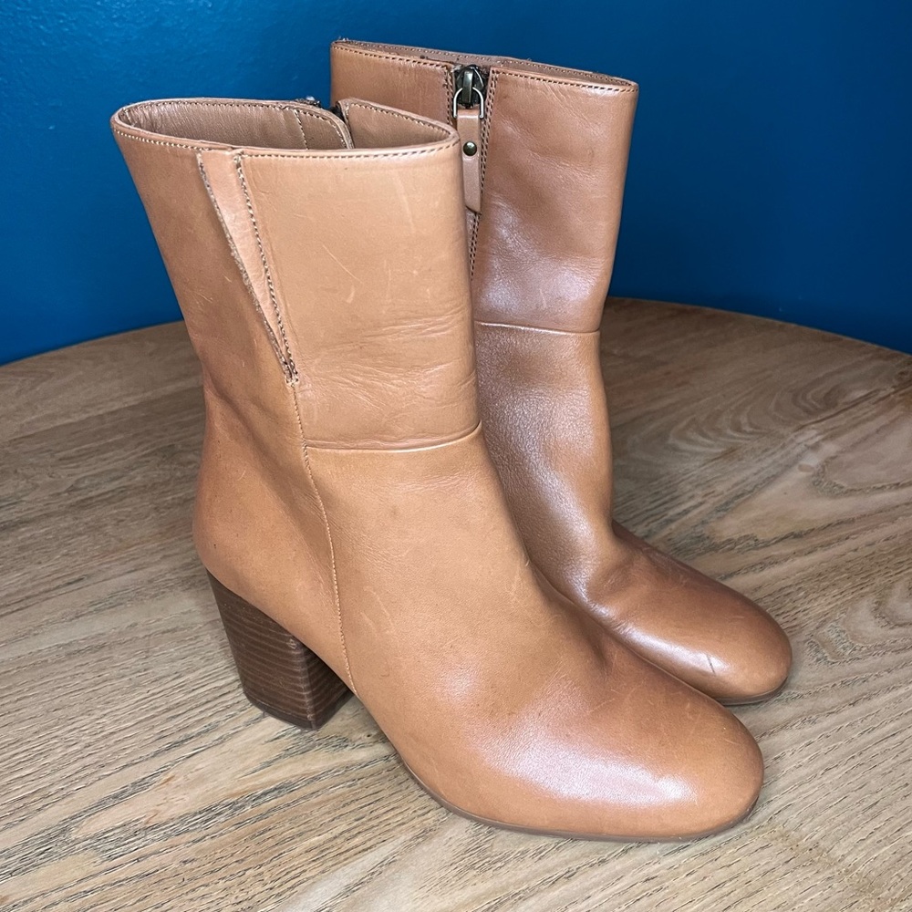 Seychelles Wild Ride Tan Leather Mid-Calf Heeled Booties Women’s 6
